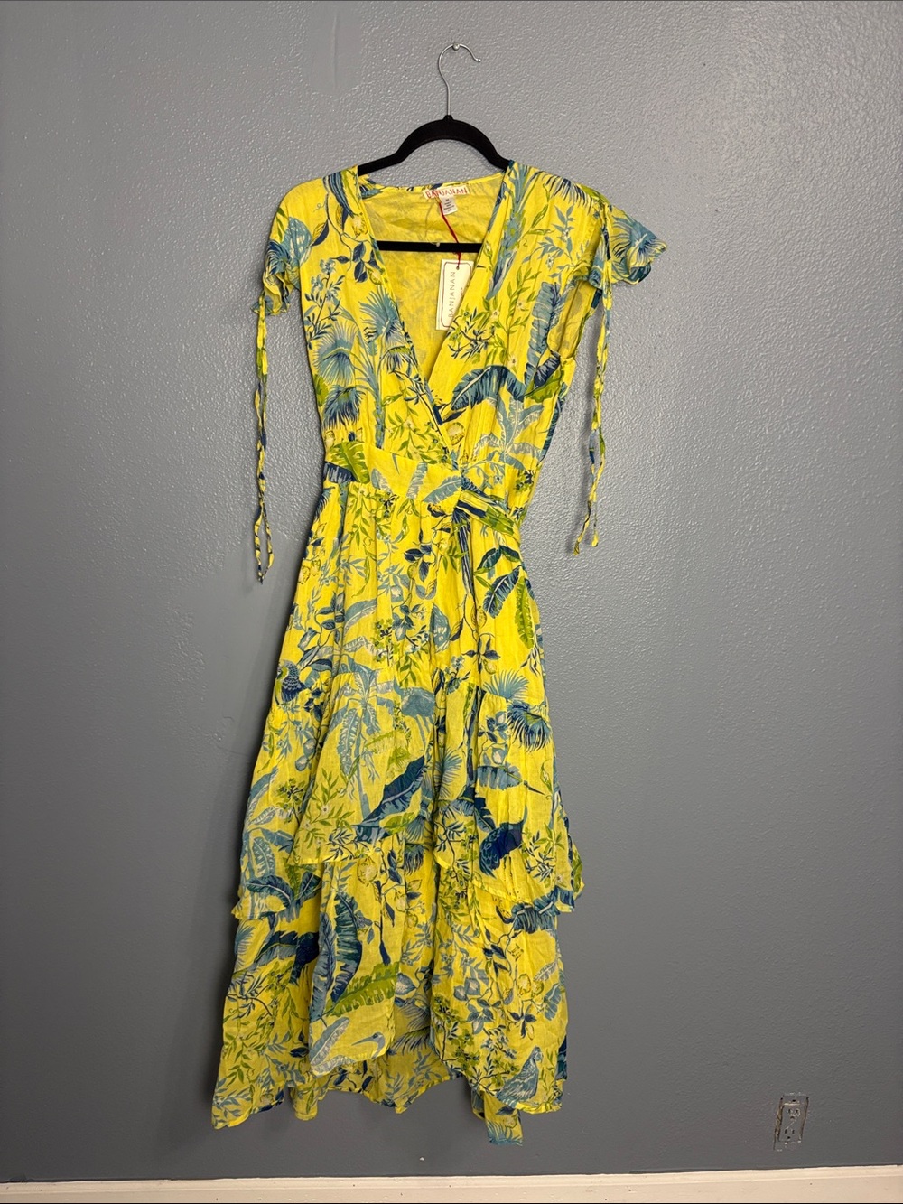 Yellow Tropical Print Wrap Dress